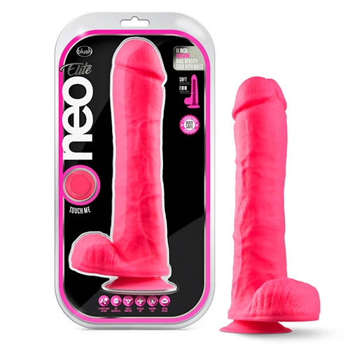 Dildo de Silicón de Doble Densidad con Testiculos Neón Rosa 27 cm Largo x 5.7 cm Ancho - 11 Pulgadas NEON114