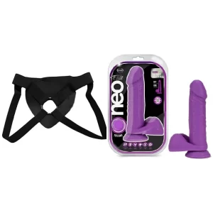 Kit Dildo y Arnés Económico 20 cm Largo x 4.4 cm Ancho Silicone Dual Density Cock with Balls Neon Purple Strap-on 20 C9218