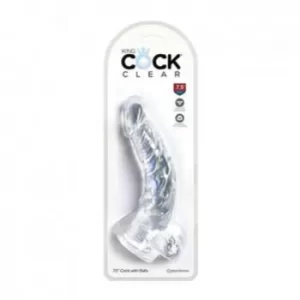 Dildo Curvo de Silicón con Testículos de 19 cm Largo x 3.8 cm Ancho - 7.5 Pulgadas con Ventosa Transparente KING COCK KING46