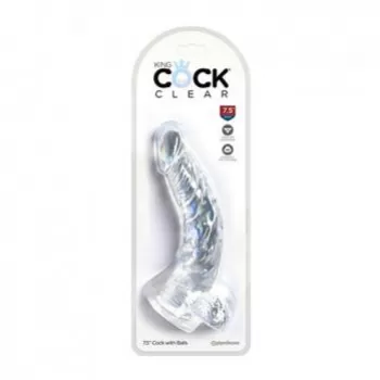 Dildo Curvo de Silicón con Testículos de 19 cm Largo x 3.8 cm Ancho - 7.5 Pulgadas con Ventosa Transparente KING COCK KING46
