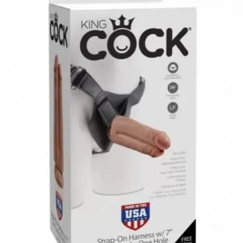 KING COCK STRAP-ON HARNESS WITH TWO COCKS ONE HOLE 7 INCH TAN KING9218