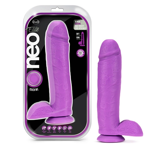 Dildo de 25 cm Largo x 5.7 cm Ancho - 10 Pulgadas Pene de Silicón de Doble Densidad con Testiculos Neon Morado NEON168