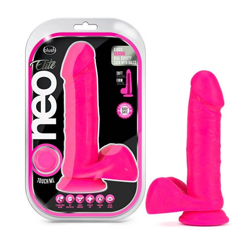 Dildo Silicón con Testículos de 20 cm Largo x 4.4 cm Ancho - 8 Pulgadas con Ventosa Color Rosa de Doble Densidad Neon NEON182