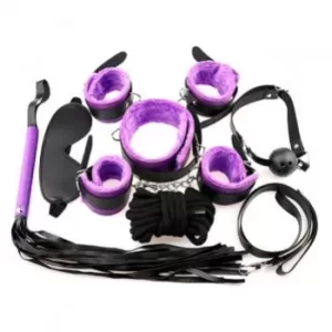 Kit Bondage BDSM Esposas Inmovilizadores de Tobillos y Manos, Antifaz, Latigo de Cuero, Cuerda, Mordaza y Sogas ER1009 para Juegos Sado de Dominación ER109579
