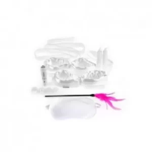 Kit Bondage BDSM Esposas para Piernas y Manos, Cosquitador con Plumas, Antifaz, Masageador para Clitoris y Velas Blancas Color Blanco - Honeymoon Bondage PD2159-19 para Juegos Sado de Dominación PD219138
